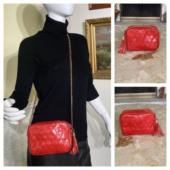 High Fashion Canada Handbags - Vintage High?Fashion Quilted Red Leather Chain Strap Box Bag
